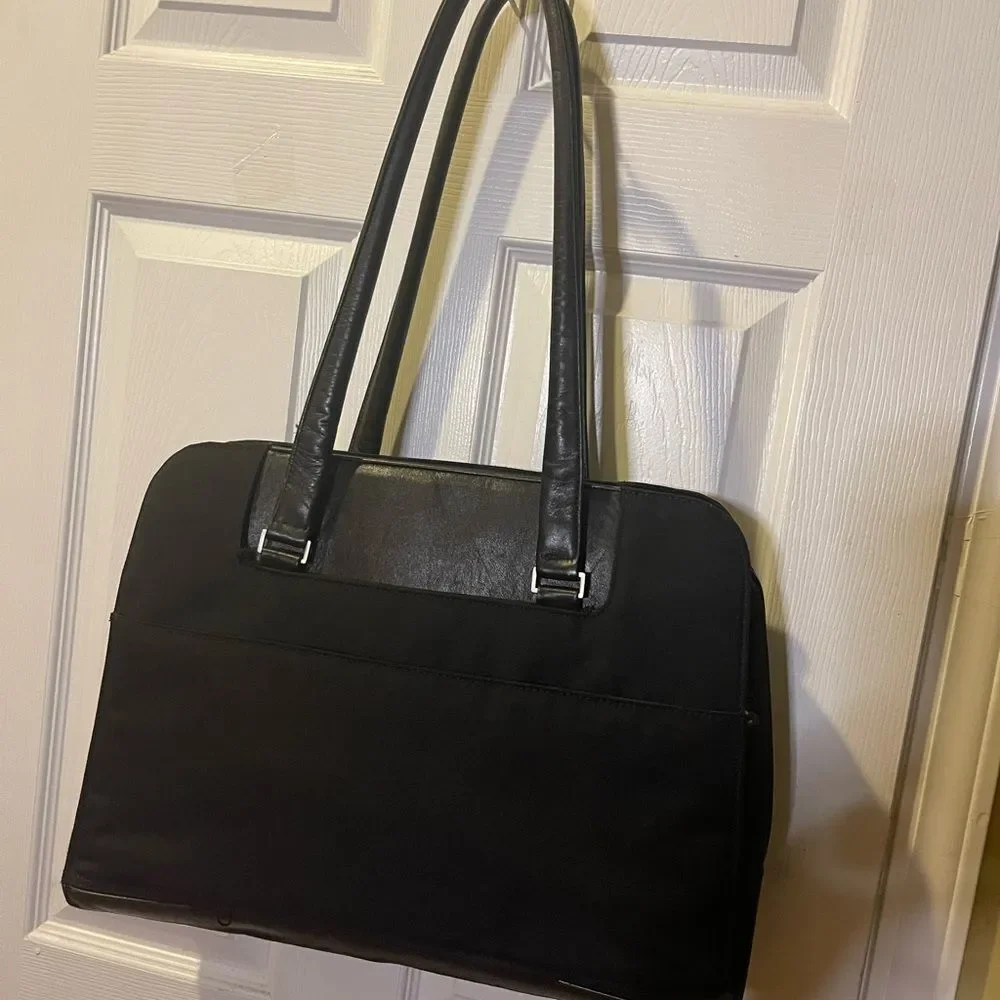 Victorinox Swiss Black Canvas &leather laptop Bag Briefcase silver tone hardware